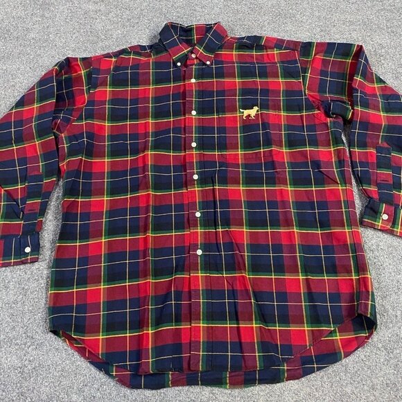 Polo Ralph Lauren Mens Shirt L Blue Red Plaid Oxford Button Down OCBD Yellow Lab - Picture 1 of 7